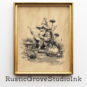 May include: Framed vintage-style print featuring a detailed illustration of a bearded wizard reading a map, surrounded by mushrooms and foliage. The artwork is in black and white, set against a tan background, and framed in gold. The text "RusticGroveStudioInk" is at the bottom.