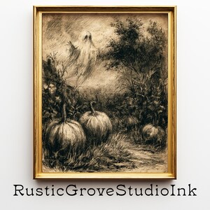 Vintage Halloween-spöktryck, utskrivbar väggkonst med pumpafält (digital nedladdning) 7