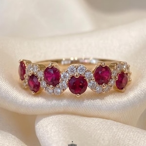 Ruby and Moissanite Proposal Ring| Gold Wedding Band| Vintage Style Bridal Ring| Stackable Anniversary Ring Gift for Wife