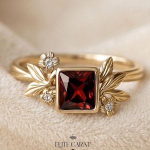 Ruby Princess Cut Engagement Ring | 14K Solid White Gold Floral Nature Ring