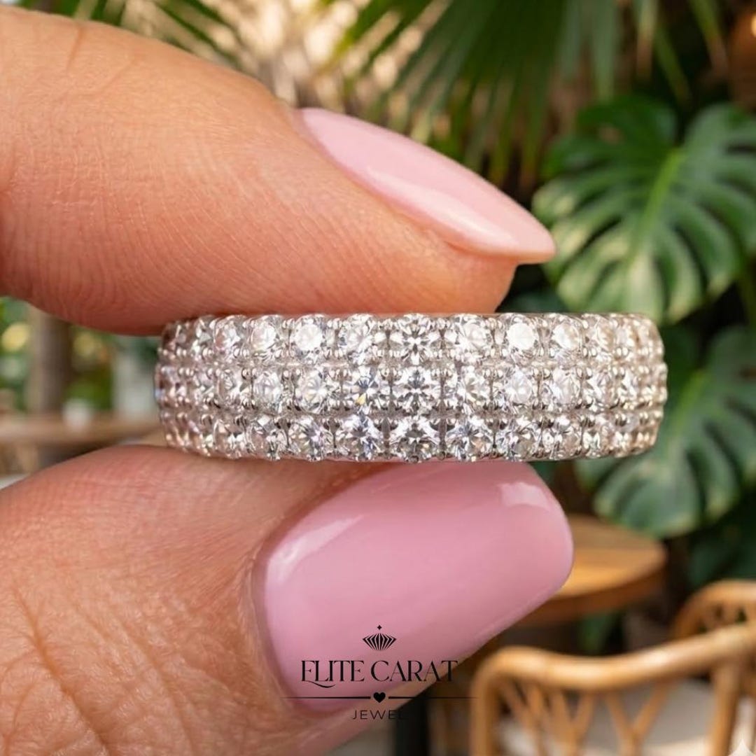 Round Cut Moissanite Eternity Band Ring| White Gold Wedding Band| Full ...