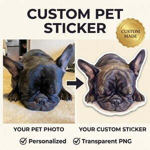 Puede incluir: Una pegatina personalizada para mascotas con una ilustración de un bulldog francés negro basada en una fotografía. La imagen incluye el texto CUSTOM PET STICKER, CUSTOM MADE, YOUR PET PHOTO, YOUR CUSTOM STICKER, Personalized y Transparent PNG.
