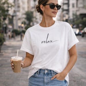 Relax Shirt Minimalist Aesthetic Tee, Oversized Graphic T Shirt Women, Unisex Heavy Tee BY102, Neutral Luxury Basic, Effortless Outfit