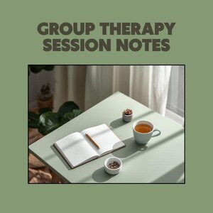 May include: A notebook with blank pages and a pen rests on a light green table, alongside a cup of tea and small decorative bowls. The text "GROUP THERAPY SESSION NOTES" is displayed above the notebook. The words "Progress Notes, Attendance Log, Goals Tracker" are at the bottom.