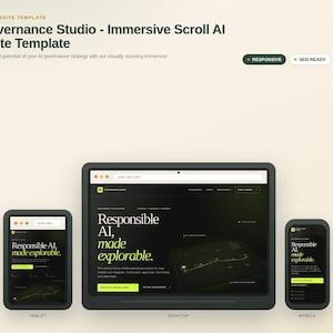 May include: A digital website template titled AI Governance Studio - Immersive Scroll AI Website Template, displayed on a desktop monitor, a tablet, and a mobile phone, featuring a dark interface with the text Responsible AI, made explorable.