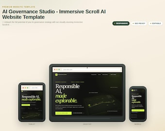 Może przedstawiać: Cyfrowy szablon strony internetowej zatytułowany AI Governance Studio - Immersive Scroll AI Website Template, wyświetlony na monitorze stacjonarnym, tablecie i telefonie komórkowym, z ciemnym interfejsem i tekstem Responsible AI, made explorable.