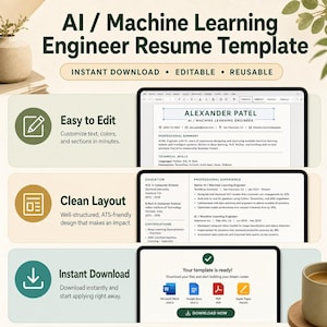 May include: An AI/Machine Learning Engineer resume template featuring a clean layout with sections for professional summary, technical skills, education, and experience. The document includes text fields for contact info and job history, with icons for editing, layout, and download.