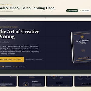 May include: A digital landing page template titled BookSales: eBook Sales Landing Page featuring a dark navy background, white text, and a gold button labeled Get Your Copy. The layout includes a book cover graphic titled The Art of Creative Writing by Sarah Mitchell, a 4.9 star rating, and a 10,000 copies sold indicator.