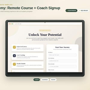 Könnte beinhalten: Eine digitale Website-Vorlage mit dem Titel Academy: Remote Course + Coach Signup auf einem Bildschirm. Die Benutzeroberfläche bietet ein beiges Farbschema, eine Überschrift Unlock Your Potential und ein Kontaktformular namens Start Your Journey.