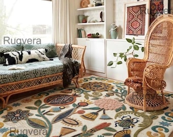 Folk Art Botanical Hand Tufted Wool Rug, Pomegranate Beetle Floral Carpet