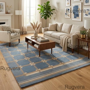 Tapete de lã tufado à mão - Tapete geométrico azul moderno - Tapete minimalista com padrão quadriculado - Tapete para sala de estar estilo meados do século, tapete decorativo personalizado