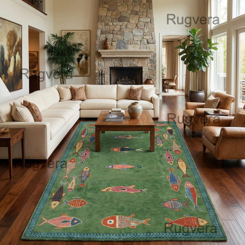 Handmade Wool Koi Fish Rug: Colorful Green Area Rug image 1