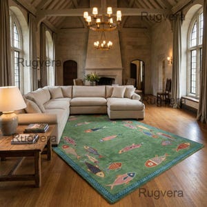 Handmade Wool Koi Fish Rug: Colorful Green Area Rug image 7