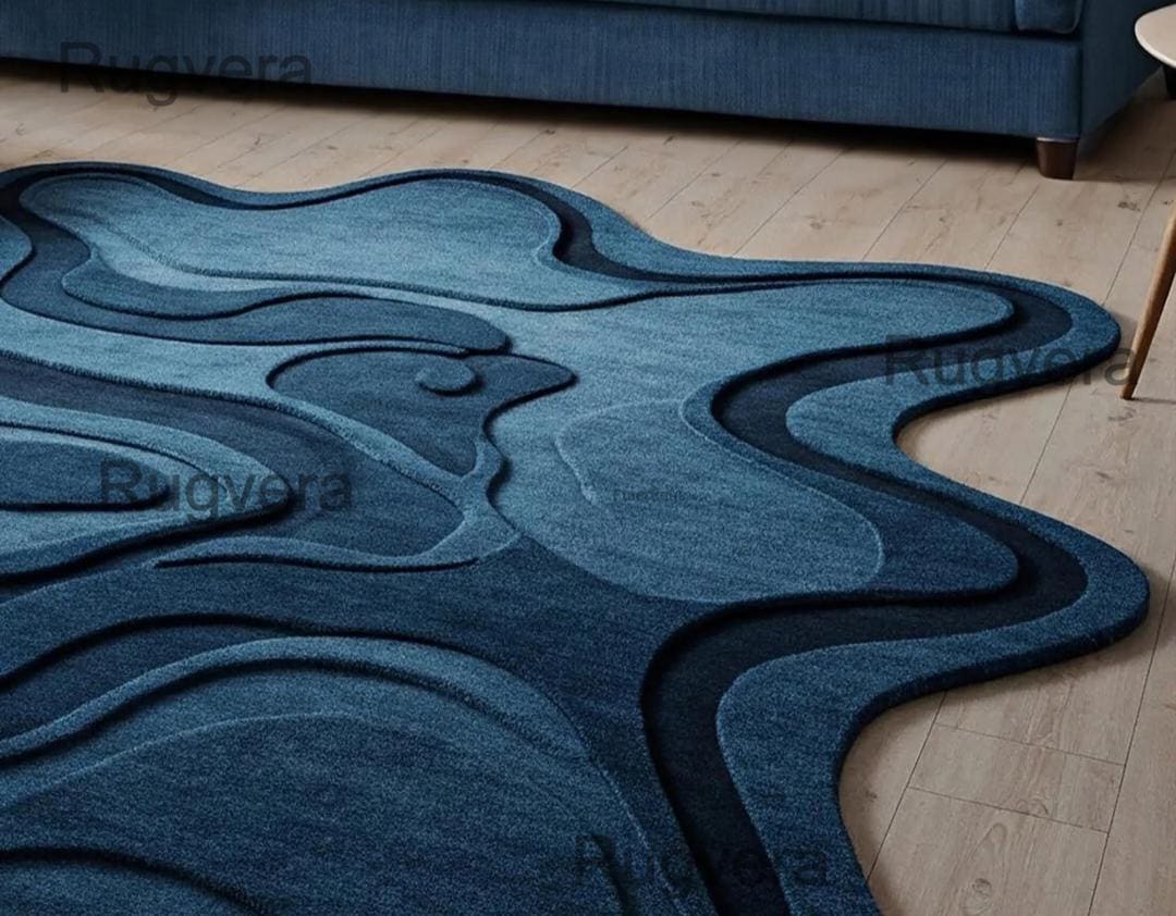 Hand Tufted Wool Rug, 3D Topographical Blue Abstract Wave Carpet - Etsy