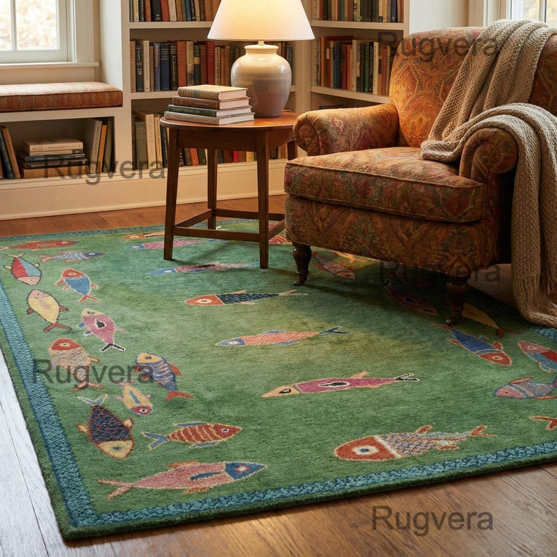 Handmade Wool Koi Fish Rug: Colorful Green Area Rug image 6