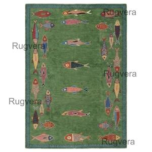 Handmade Wool Koi Fish Rug: Colorful Green Area Rug image 2