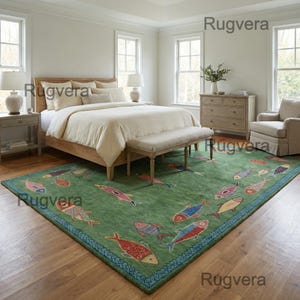 Handmade Wool Koi Fish Rug: Colorful Green Area Rug image 4