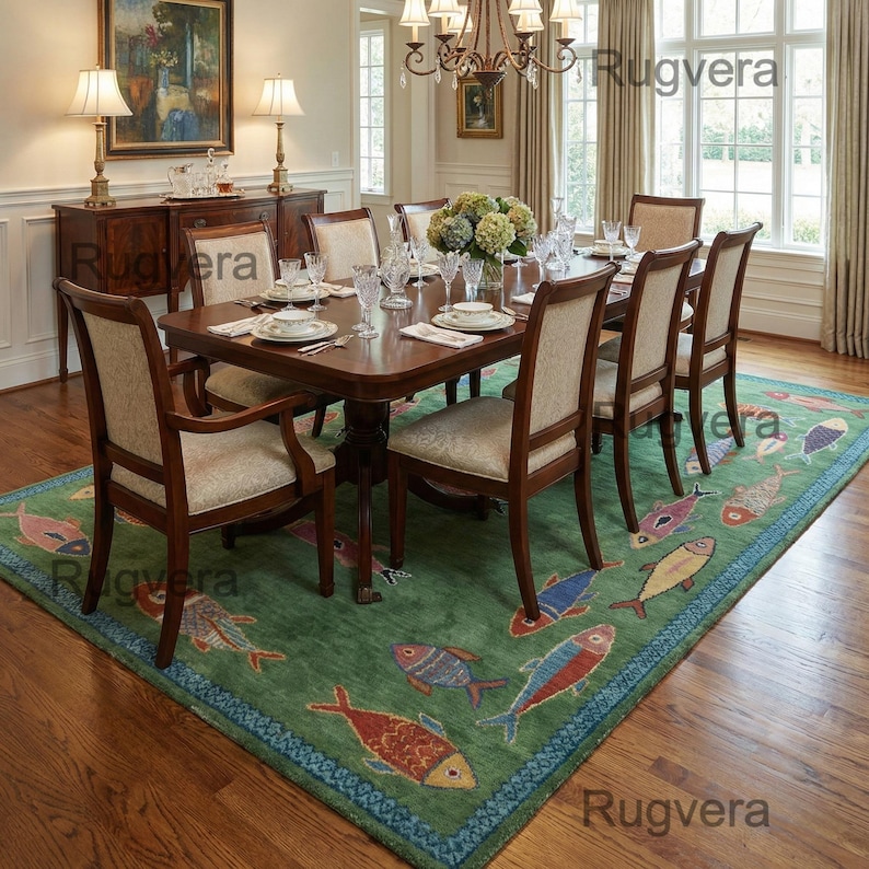 Handmade Wool Koi Fish Rug: Colorful Green Area Rug image 5