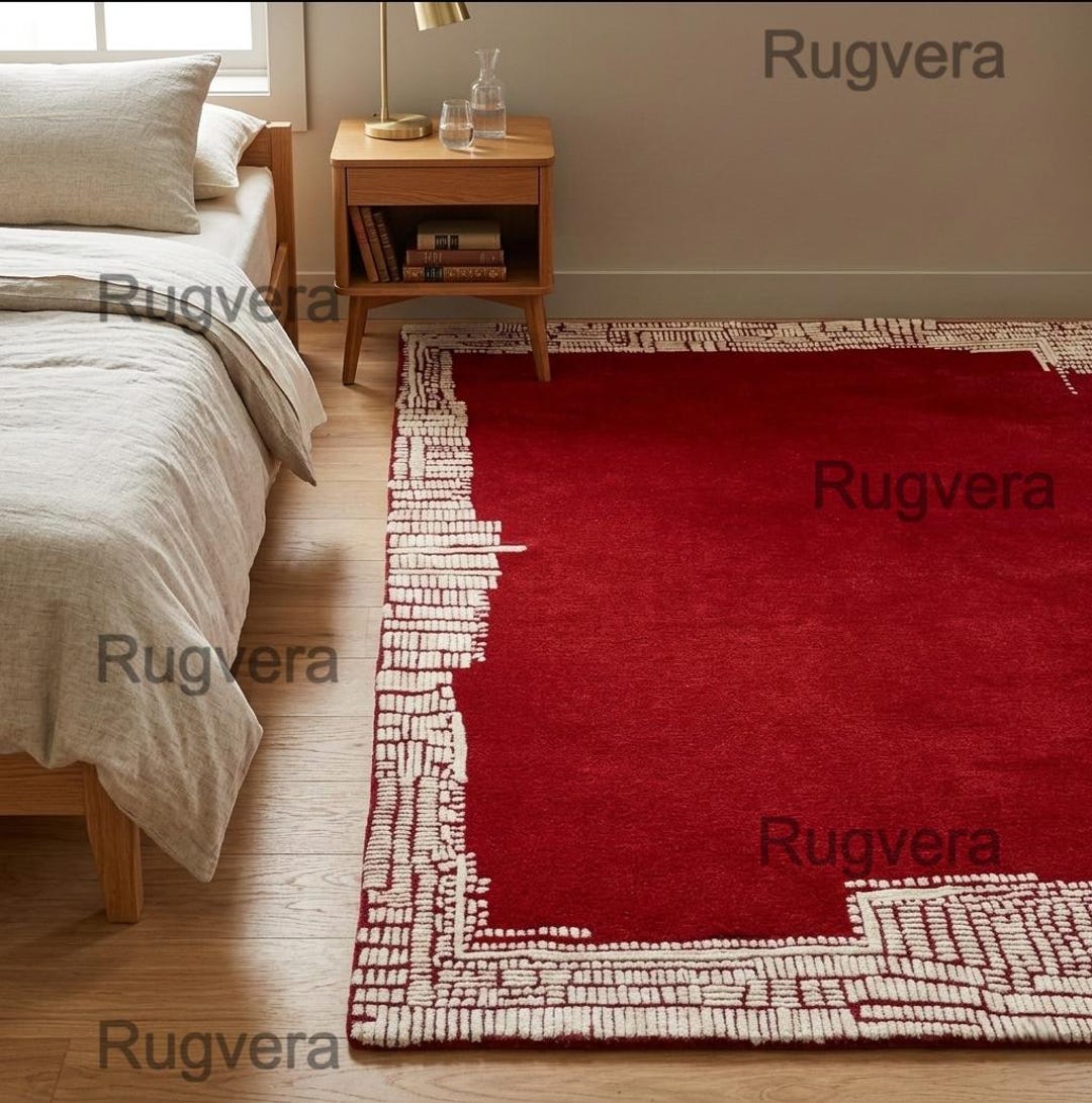 Red Layered Rugs Hand Tufted Wool Red Area Rug, Modern Abstract Border Carpet - Etsy