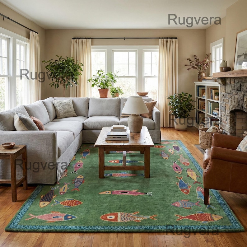 Handmade Wool Koi Fish Rug: Colorful Green Area Rug image 3