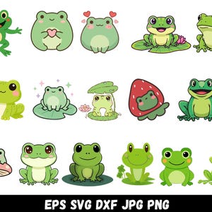 May include: A collection of fifteen green frog illustrations in various poses, including frogs on lily pads, a frog inside a strawberry, a frog under a mushroom, and frogs with hearts or sparkles. The text EPS SVG DXF JPG PNG is at the bottom.