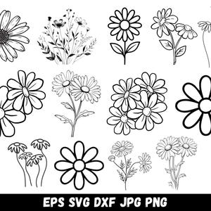 May include: A collection of black and white line art illustrations featuring various daisy flowers, floral stems, and simple petal shapes arranged in a grid. The text EPS SVG DXF JPG PNG is printed in white at the bottom of the image.