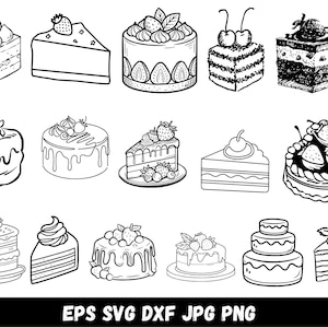May include: A collection of black and white line art illustrations featuring various cakes, slices of cake, and desserts topped with strawberries and cherries. The bottom of the image displays the text EPS SVG DXF JPG PNG in black capital letters.