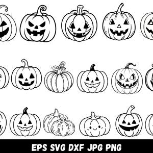 May include: A collection of seventeen black and white line art illustrations featuring various jack-o'-lanterns with different facial expressions and two plain pumpkins, with the text EPS SVG DXF JPG PNG displayed at the bottom of the image.