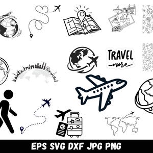 Könnte beinhalten: Eine Sammlung von schwarz-weißen Reise-Grafiken mit Flugzeugen, Globen, Koffern, Landkarten, einem Reisepass, einer Person mit Gepäck und dem Text "TRAVEL more". Das Set enthält verschiedene Symbole und Muster rund um das Thema Tourismus.