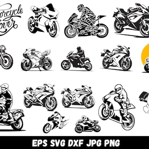 Peut inclure: Une collection d'illustrations vectorielles en noir et blanc représentant diverses motos de sport, des pilotes équipés et un ours en dessin animé sur un scooter. Le texte "Motorcycle Lover" est en écriture cursive et "EPS SVG DXF JPG PNG" en bas.