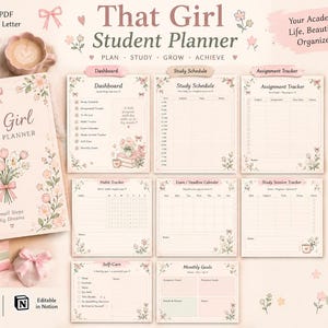 May include: A printable student planner set featuring a soft pink color palette with floral illustrations and bows. The collection includes a cover page, dashboard, study schedule, assignment tracker, habit tracker, exam calendar, study session tracker, self-care log, and monthly goals page, all designed for A4, A5, and US Letter sizes.