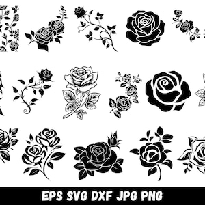 Könnte beinhalten: Eine Sammlung von schwarz-weißen Rosenillustrationen mit verschiedenen Blumenarrangements, einzelnen Blüten und einem sich wiederholenden Muster. Das Grafikset enthält Stiele, Blätter und Rosenknospen in verschiedenen Stilen. Der Text unten lautet EPS SVG DXF JPG PNG.