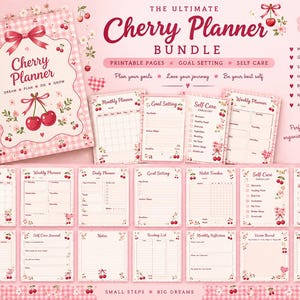 以下が含まれることがあります： ピンクのギンガムチェック柄の表紙にサクランボのイラストと「The Ultimate Cherry Planner Bundle」の文字が描かれた、印刷可能なチェリープランナーセット。目標設定、セルフケア、習慣、予算管理などの様々なページが含まれています。