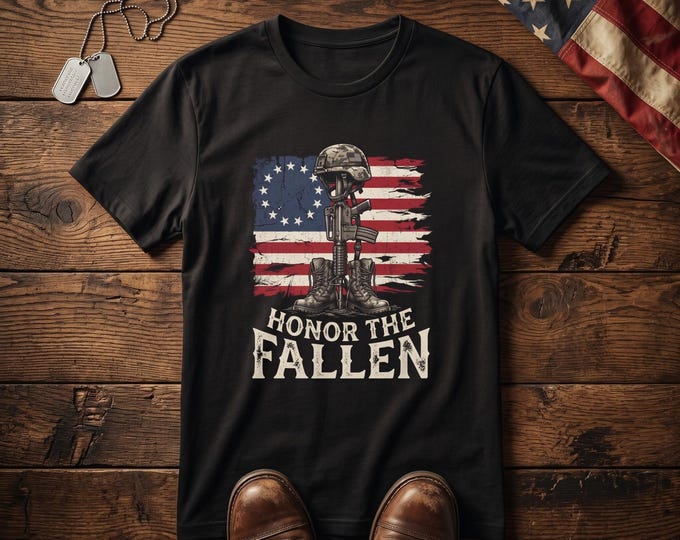 Featured listing image: Honor the Fallen T-Shirt | Military Memorial, American Flag Battlefield Cros
