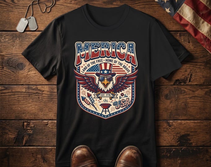 Featured listing image: Vintage MERICA Bald Eagle T-Shirt, Patriotic Americana Graphic Tee, 1776 BBQ Shirt