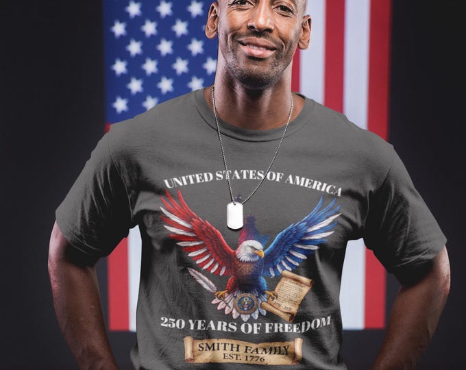 Featured listing image: Personalized Independence Day Family Surname T-Shirt | 4th of July Patriotic Tee