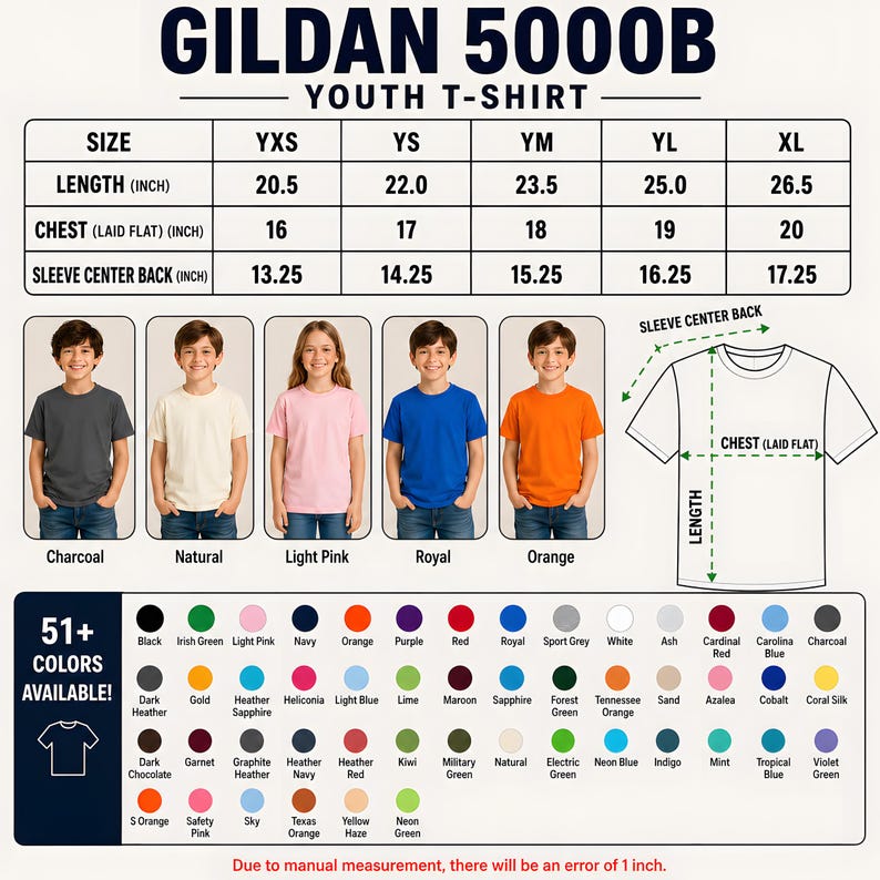 May include: A size chart for Gildan 5000B youth t-shirts, with measurements in inches. The chart includes sizes YXS to XL, with length ranging from 20.5 to 26.5 inches. The image also shows a color palette with over 51 options.