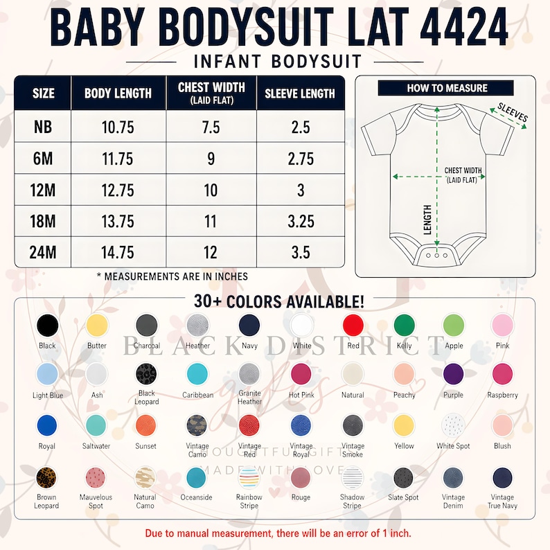 May include: A white infant bodysuit size chart with measurements in inches. The chart includes body length, chest width, and sleeve length for sizes NB to 24M. The image also shows a color palette with over 30 options.