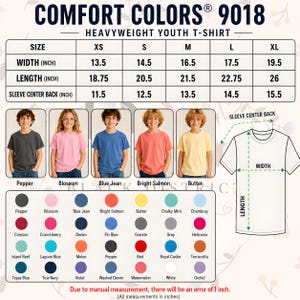 May include: A Comfort Colors 9018 heavyweight youth t-shirt size chart. The chart shows measurements in inches for sizes XS to XL, including width, length, and sleeve center back. Color swatches are also displayed.