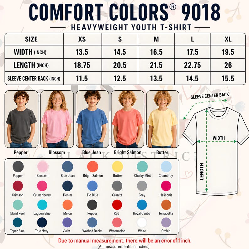 May include: A Comfort Colors 9018 heavyweight youth t-shirt size chart. The chart shows measurements in inches for sizes XS to XL, including width, length, and sleeve center back. Color swatches are also displayed.