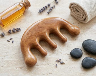 Sandelhout 5-punts massagekam, natuurlijk geurende meridiaanhulpmiddel, houten kam voor hoofdhuidtherapie, uniek zelfzorgcadeau