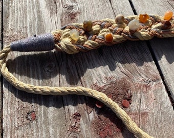 Vintage Western Boho Chic Beaded, Braided Rope Belt, polished rocks, natural, tie closure