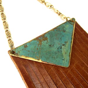 Boho Handmade Leather Fringe necklace, Repurposed Tarnished Brass overlay and vintage coil golden chain