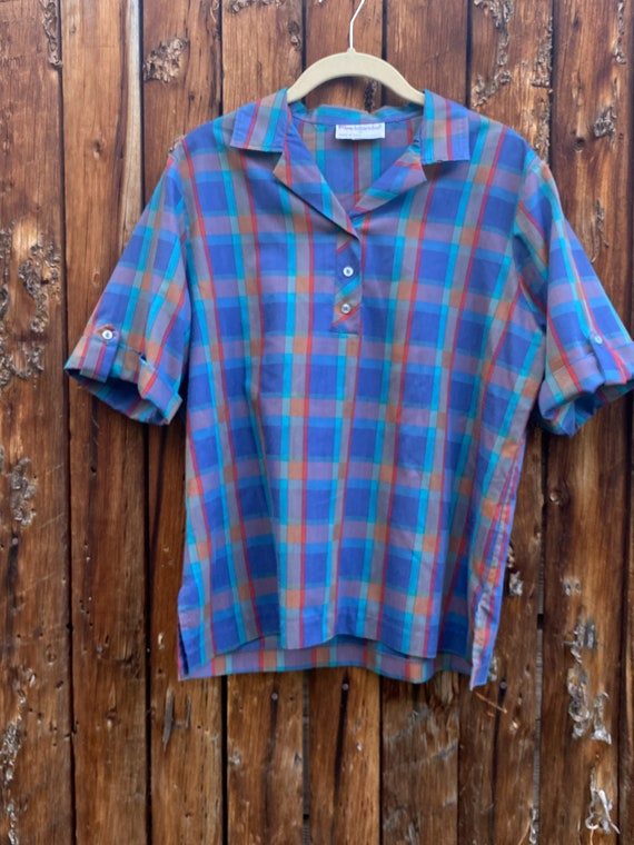 Vintage Plaid Polo front Short-Sleeved Collared S… - image 4