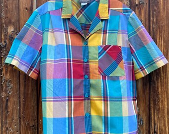 Haberdashery Plaid Short-Sleeved Collared Button-up Shirt Blouse