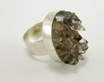 Silver-Plated Brass Washington Natural Raw Quartz Crystal Cocktail Ring, Unpolished