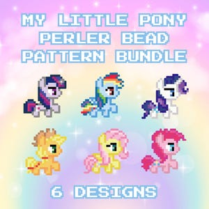 Puede incluir: Un gráfico digital con el texto MY LITTLE PONY PERLER BEAD PATTERN BUNDLE en la parte superior y 6 DESIGNS en la parte inferior. La imagen muestra seis personajes de pony en pixel art de varios colores, incluyendo morado, azul, blanco, amarillo y rosa.