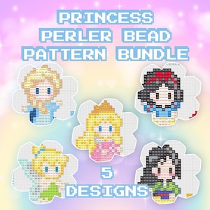 May include: A digital bundle of five pixel art patterns for Perler beads, featuring stylized character designs with alphanumeric grid labels. The text PRINCESS PERLER BEAD PATTERN BUNDLE and 5 DESIGNS is displayed in a light blue pixelated font.