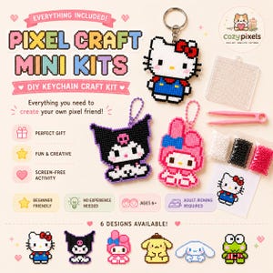 Puede incluir: Un kit de manualidades DIY para llaveros de píxeles con tres llaveros terminados, una placa perforada transparente, pinzas de plástico rosa y bolsas pequeñas de cuentas blancas, negras y rojas. El texto dice PIXEL CRAFT MINI KITS.