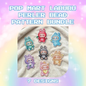 Könnte beinhalten: Sieben Pop Mart Labubu Bügelperlen-Designs mit bunten Charakteren in verschiedenen Tierkapuzen. Der Text lautet POP MART LABUBU PERLER BEAD PATTERN BUNDLE und 7 DESIGNS. Die Figuren sind im verpixelten Perlenkunst-Stil dargestellt.